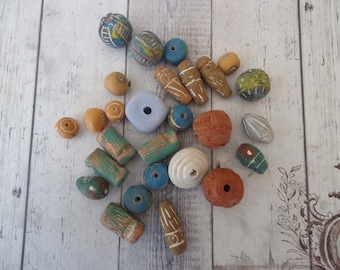 Mixed Lot of Vintage Rustic Handmade Clay Beads, 5 Oz, Jewelry Component, Beading Supply, Altered Art Supply