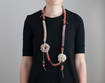 Modern Long Fiber Necklace, Fiber Statement Necklace, Fiber Art Jewelry, Cord Wrapped Necklace, Brown Beige Necklace