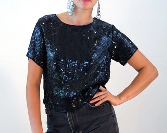 Anais 80s Sequin Top, Black Sequin Top S, Glam Sequined Blouse, Boho Shimmery Party Top, Beaded Rayon Top, Button Up Back Vintage Top, Small