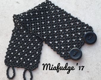 Seed Bead Bracelet Black with White Dots Small