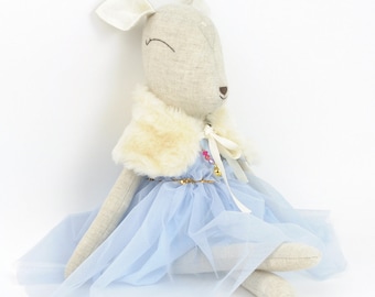 Handmade Deer Doll, Fawn Doll, Stuffed Deer, Stuffed Animal, Hand made Doll, Gray Deer, Tulle Dress