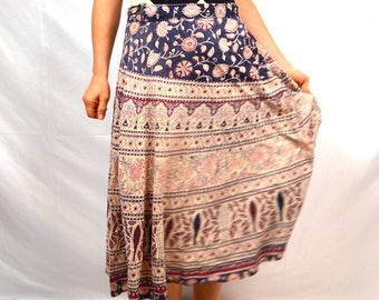 Lovely Vintage 70s Hippie Wrap Around Maxi India Print Cotton Skirt