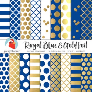 Gold Foil Digital Paper - Royal Blue & Gold, gold dots stripes confetti moroccan trellis faux gold foil photography backdrop 8093