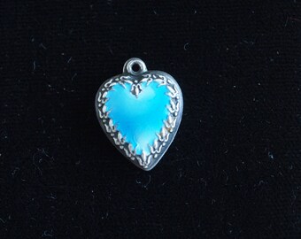 Puffy Heart Charm Sterling Silver Blue Enamel Vintage Pendant