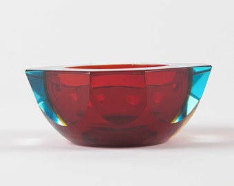 Murano Glasschale facettiert, Vintage, Rot-Blau