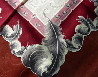 Vintage Handerchief Hanky Hankie * MINT WITH TAG * Gorgeous Feather Plumes * Hand Painted