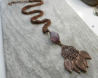 Bohemian jewelry copper necklace purple copper filigree pendant unique gift for her long copper jewelry songbird cabin designs