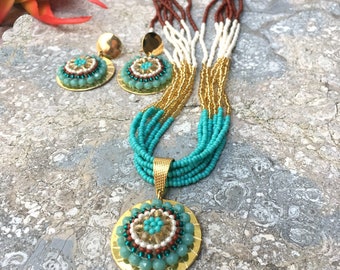 Beaded jewelry, Beaded necklace with pendant and earrings, multistrand beaded necklace and earrings set, layered necklace, summer jewelry