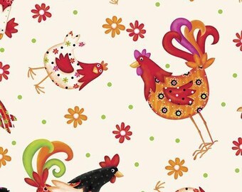 1649-24699-E PECKING ORDER TOSSED Chickens, Quilt Fabric, Quilting Treasures, Victoria Hutto, Bright Colored Chickens, Rooster, Baby Chicks