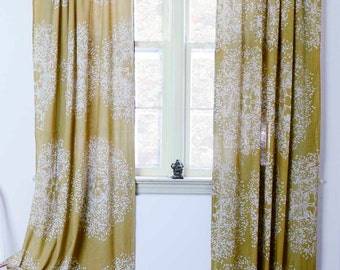 SAMPLE SALE SINGLE- Yellow window curtains, Block printed natural dye home and living housewares Tree Forest 44"w x 96"L - sale
