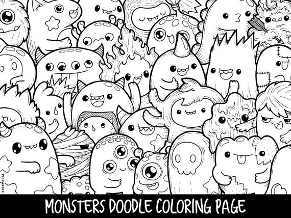 Monsters Doodle Coloring Page Printable CuteKawaii Coloring
