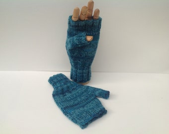 Fingerless mittens , texting gloves, driving gloves , Teal , turquoise shades stripy wool /nylon sock yarn yarn