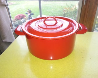Vintage 1960s Poland Red Enamelware Dutch Oven Cooking Pot