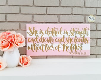 She Is Clothed In Strength And Dignity, Proverbs 31 Art, Girl Scripture Art, Nursery Sign, Girl Scripture Art, Baby Shower, Little Girl Room