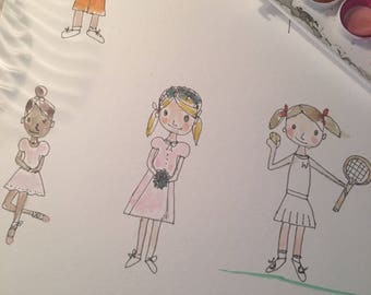 Customized ink and watercolor illustrations of children