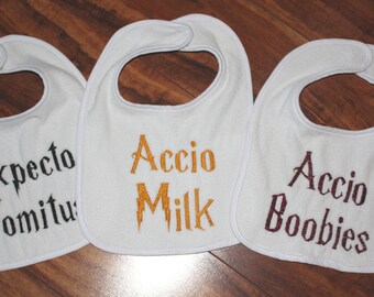 Harry Potter bibs Harry Potter baby Harry potter baby bibs Accio Boobies Accio Milk Expecto Vomitus Baby bibs Harry Potter baby Shower Gift