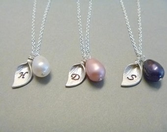 Calla Lily Necklace, Initial Necklace, Personalized Necklace, Pearl , Bridesmaid Gifts, Everyday Necklace, Bridal party Gifts, Monogram