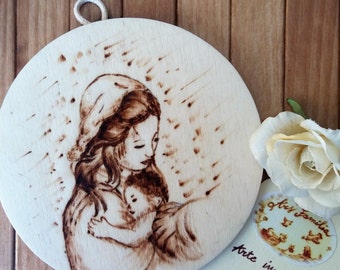 Wooden plaque with Mary and Jesus (maternity)-Pirografata