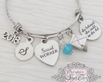 Social Worker Graduation Gifts, She believed she could so she did Bangle Bracelet,Personalized Gifts for Social Workers, 2018 Grad Gifts