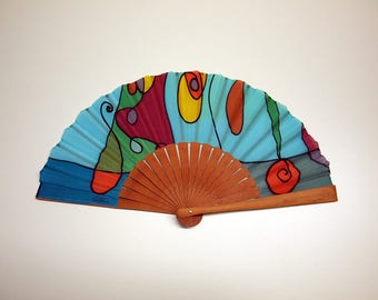 Handpainted Silk hand fan- Wedding hand fan-Abanico- Giveaways-Bridesmaids- Spanish hand fan-Blue-Purple-Green 14x7.5 inches (35 cm x 19 cm)