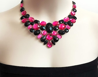 hot pink and jet black bib rhinestone necklace, wedding, bridesmaids, prom necklace, gift or for you NEW