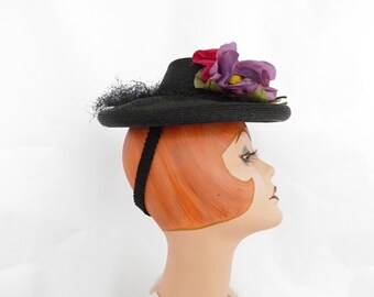 Woman's 1930s hat, black tilt with flowers, Valerie Paris New York