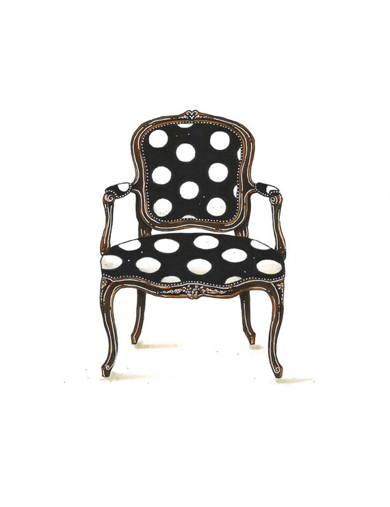 Black and White Polka Dot Chair Illustration Art Print Home