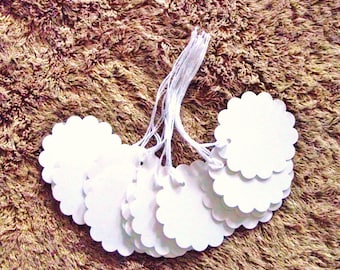 100- 2 inch - Round Scalloped PRE - STRUNG White Cardstock Tags - Free Secondary Shipping