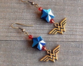 Wonder Woman Earrings Superhero Style Gold Comic Charms Blue Star & Red Bead Justice League Fans Megacon Comic Book Lover Earrings