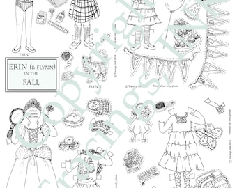 Printable PAPER DOLL Set-PDF Printable-Erin in the Fall-Color yourself-Paper dolls