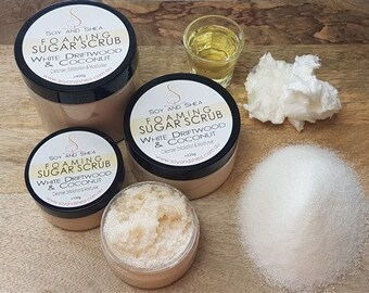 Foaming Sugar Scrub - White Driftwood and coconut - cleanse, exfoliate and moisturise - available in 3 sizes - Handmade by Soyandshea