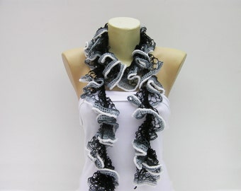 crochet ruffle scarf lariat scarf ,flower scarf