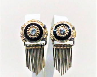 Black Dangle Earrings - Vintage, Gold Tone, Clear Rhinestones, Screw Back