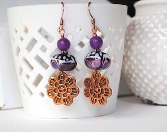 Flower Earrings, Purple Earrings, Lampwork Earrings, Glass Bead Earrings, Butterfly Earrings, Garden Earrings, Nature Inspired Earrings