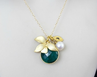 Birthstone Necklace, Custom Necklace, Emerald Necklace, Initial Necklace, Flower necklace, May birthstone Jewelry, Orchid, Gold, Silver,