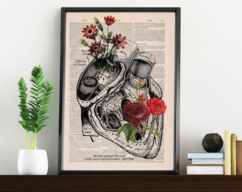 Flowery Heart human Anatomy Print on dictionary page gift , love wall art, human anatomy, science & anatomy art SKA080