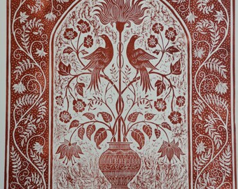Large woodcut 'Terracotta Flowers with Birds' limited edition