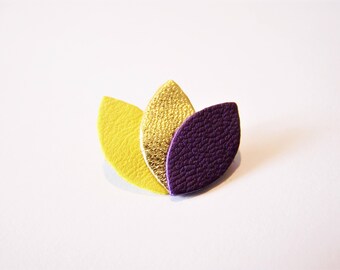 Lemon yellow leather, gold and purple petals brooch