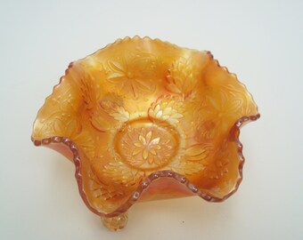 Vintage FENTON Water Lily Marigold Carnival Glass Footed Bowl