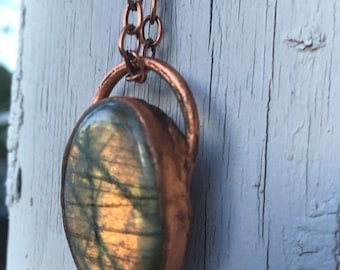 Labradorite Necklace - Electroform Jewelry - Electroform Labradorite Necklace - Orange Labradorite - Crystal Necklace - Orange Stone