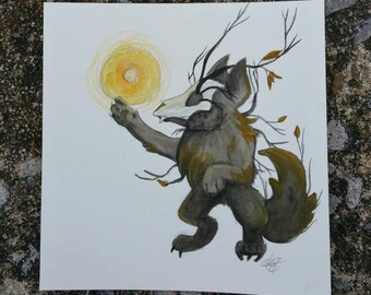 Wolf of Fall, chibi 5x5 watercolor
