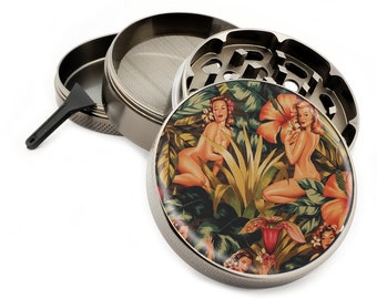 Jungle Girl Herb Grinder 4 Piece Premium Quality Large Zinc Titanium Metal Grinders 2.5" Wide Sexy Pin Up Girls Design - Gift Box