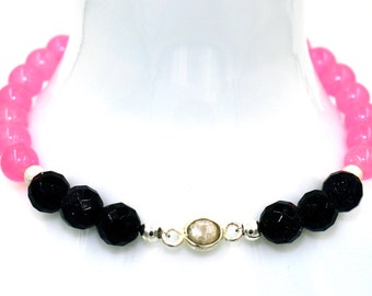 Hot Pink JADE & Starry Blue GOLDSTONE w/ Sterling Silver SILVERITE Connector Beads Stretch Bracelet! Birthday Gift Birthstone