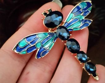 Sapphire Dragonfly enamel brooch gold tone animal crystal blue dark blue
