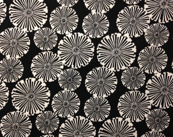 Black and White Flowers on Black Background, 100% Cotton
