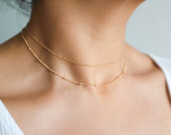 Gold Choker Set / Satellite Choker / Dainty Choker Necklace / 14k Gold Filled Beaded Necklace / Layering Necklace / Delicate Necklace Set