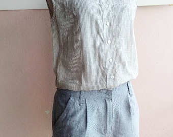 90s Cotton Playsuit Shorts Romper - Onesie - Summer Gray Overalls -Small - Two Pockets