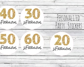 50 & Fabulous Birthday Party Favor Tags, Thanks for Coming, Gold Number, Glitter Gold, Stickers, Gold, Envelope Seals, You Choose Size