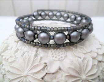 Gray Beaded Wrap Bracelet, Silver Pearl Wrap Bracelet, Stacking Bangle Style Bracelet, Gray Bead Jewelry, One Size Fits All, Gift For a Her