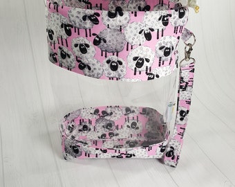 Smalll Clear Knitting Project Bag, Sheep on Pink, Clear Vinyl Bag, Sock Knitting Bag, Clear window drawstring project bag CVS0065